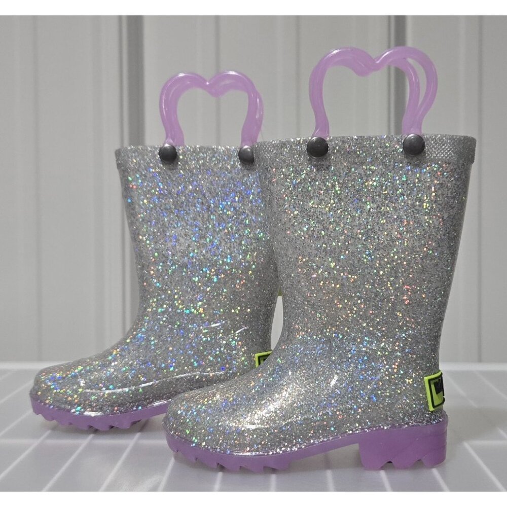 Western Chief Abby Silver Glitter & Purple Light Up Rain Boots - Little Girls' 5 - Picture 2 of 5